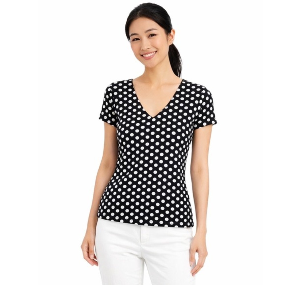 Ann Taylor Black White‎ Polka Dot V-Neck Textured Knit Top S Preppy Chic 83-39